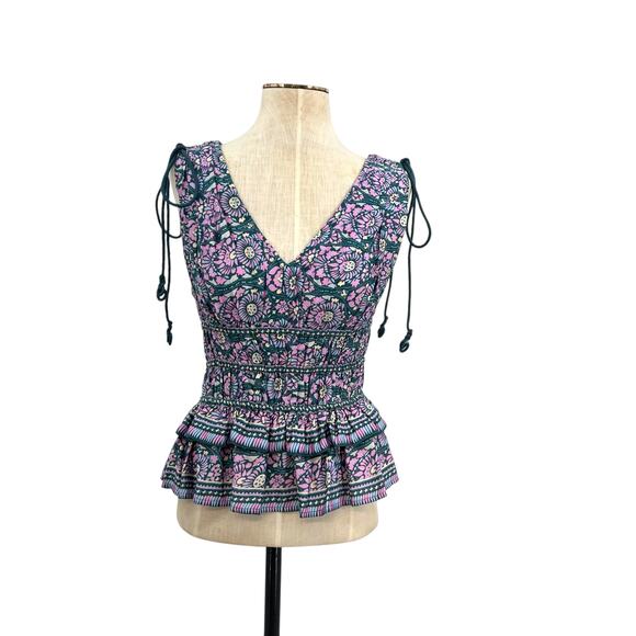 Omika Adaline Top Sleeveless Smocked Peplum Floral Print Blue Pink Green Size XS - Picture 1 of 9